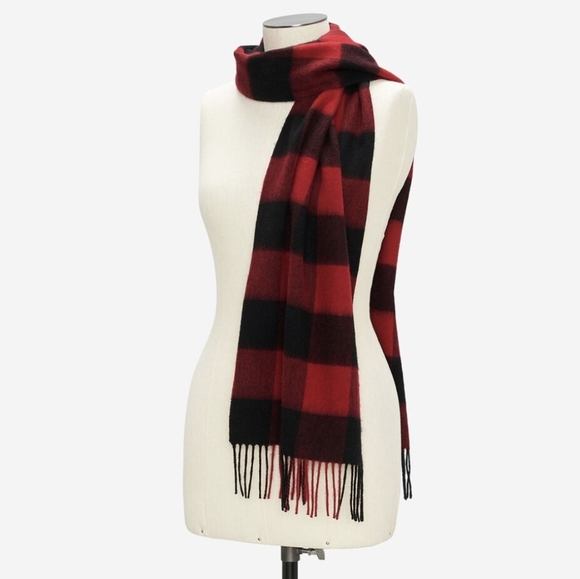 Roots Scarf red & black plaid with leather brand tag O/S gender free - Picture 9 of 12